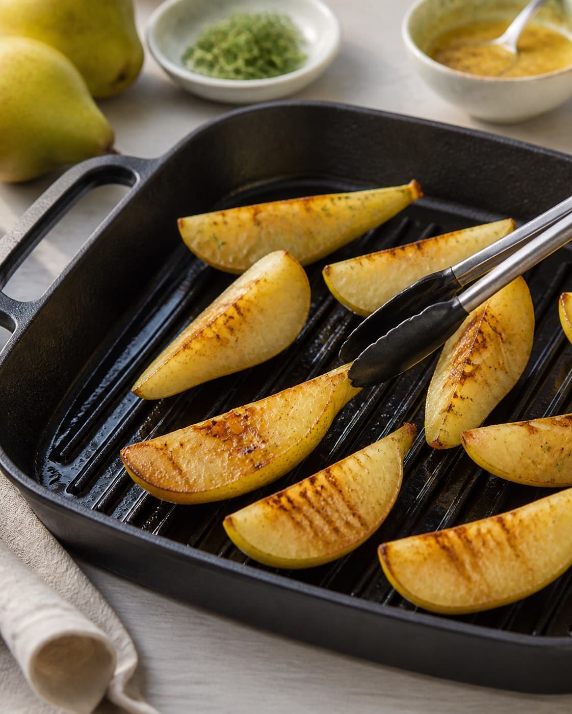 grillede pærer med gedeost og sennepsvinaigrette developing an even golden crust under tilberedningen af grillede pærer med gedeost og sennepsvinaigrette
