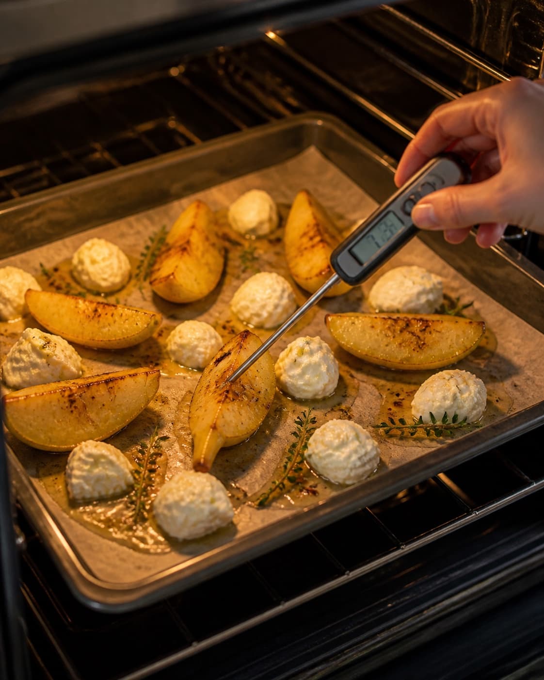 grillede pærer med gedeost og sennepsvinaigrette roasting evenly while its centre temperature is checked under tilberedningen af grillede pærer med gedeost og sennepsvinaigrette