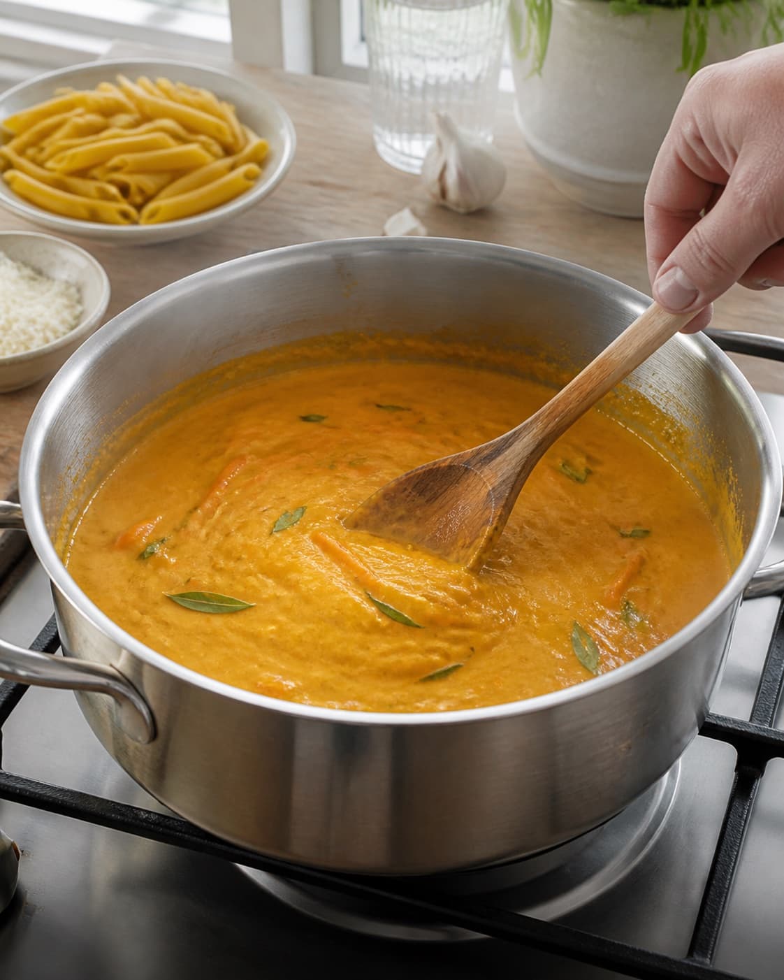 Sauce base for pasta gulerodssauce med estragon cooking gently with gulerødder, tørret pasta, hvidløg, parmesan under tilberedningen af pasta gulerodssauce med estragon