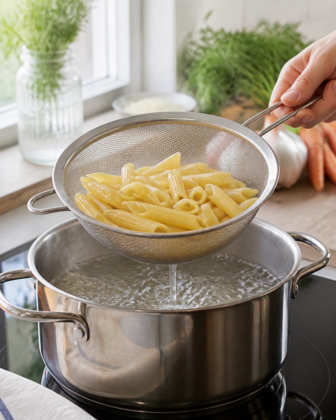 Pasta for pasta gulerodssauce med estragon being lifted from boiling water under tilberedningen af pasta gulerodssauce med estragon