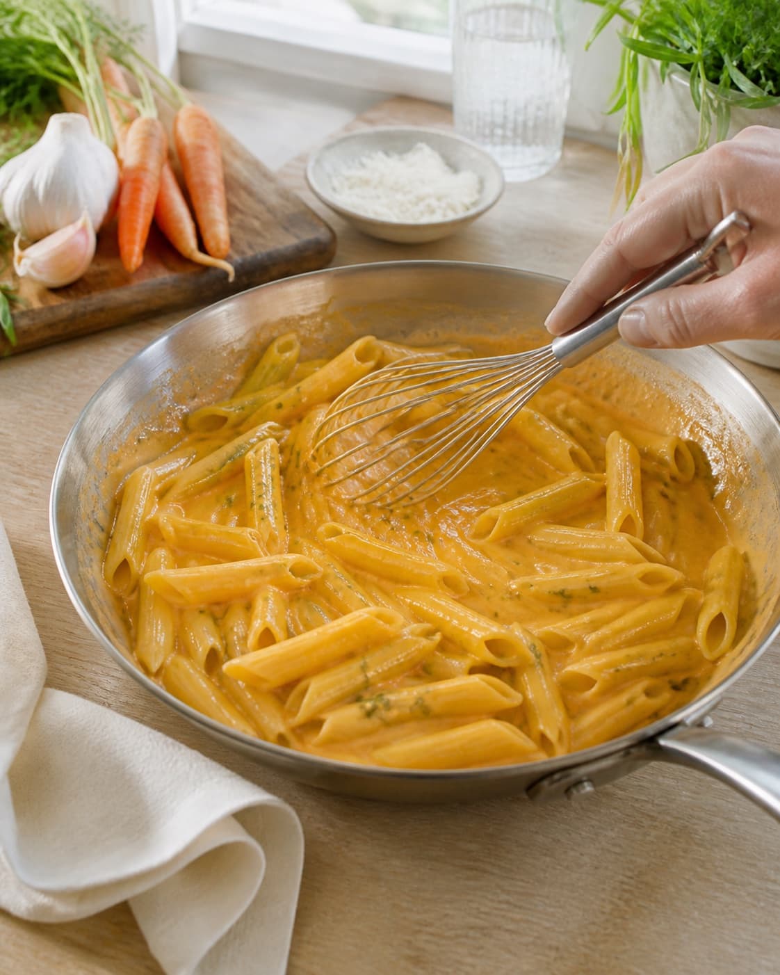 pasta gulerodssauce med estragon being emulsified in a broad pan under tilberedningen af pasta gulerodssauce med estragon