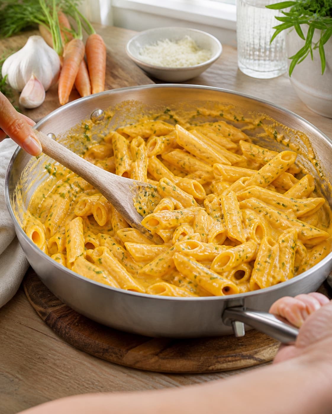Creamy texture of pasta gulerodssauce med estragon being adjusted off the heat under tilberedningen af pasta gulerodssauce med estragon
