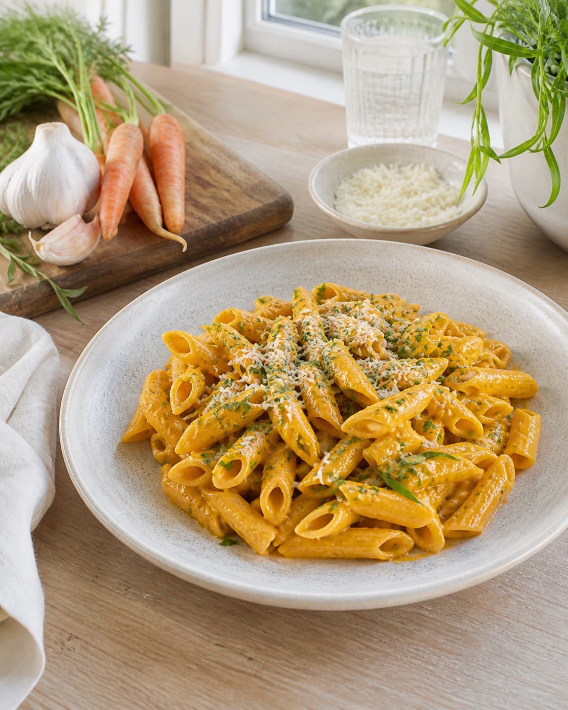 Finished pasta gulerodssauce med estragon plated immediately with restrained garnish under tilberedningen af pasta gulerodssauce med estragon