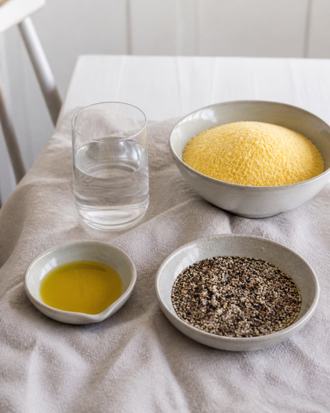 Measured ingredients for knækbrød med polentamel arranged separately with polentamel, blandede frø og kerner, vand, olivenolie under tilberedningen af knækbrød med polentamel