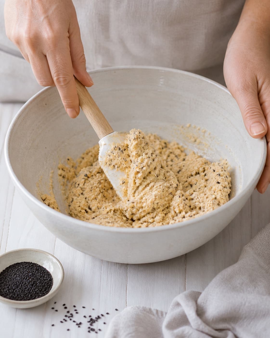 The batter or dough for knækbrød med polentamel being gently combined under tilberedningen af knækbrød med polentamel