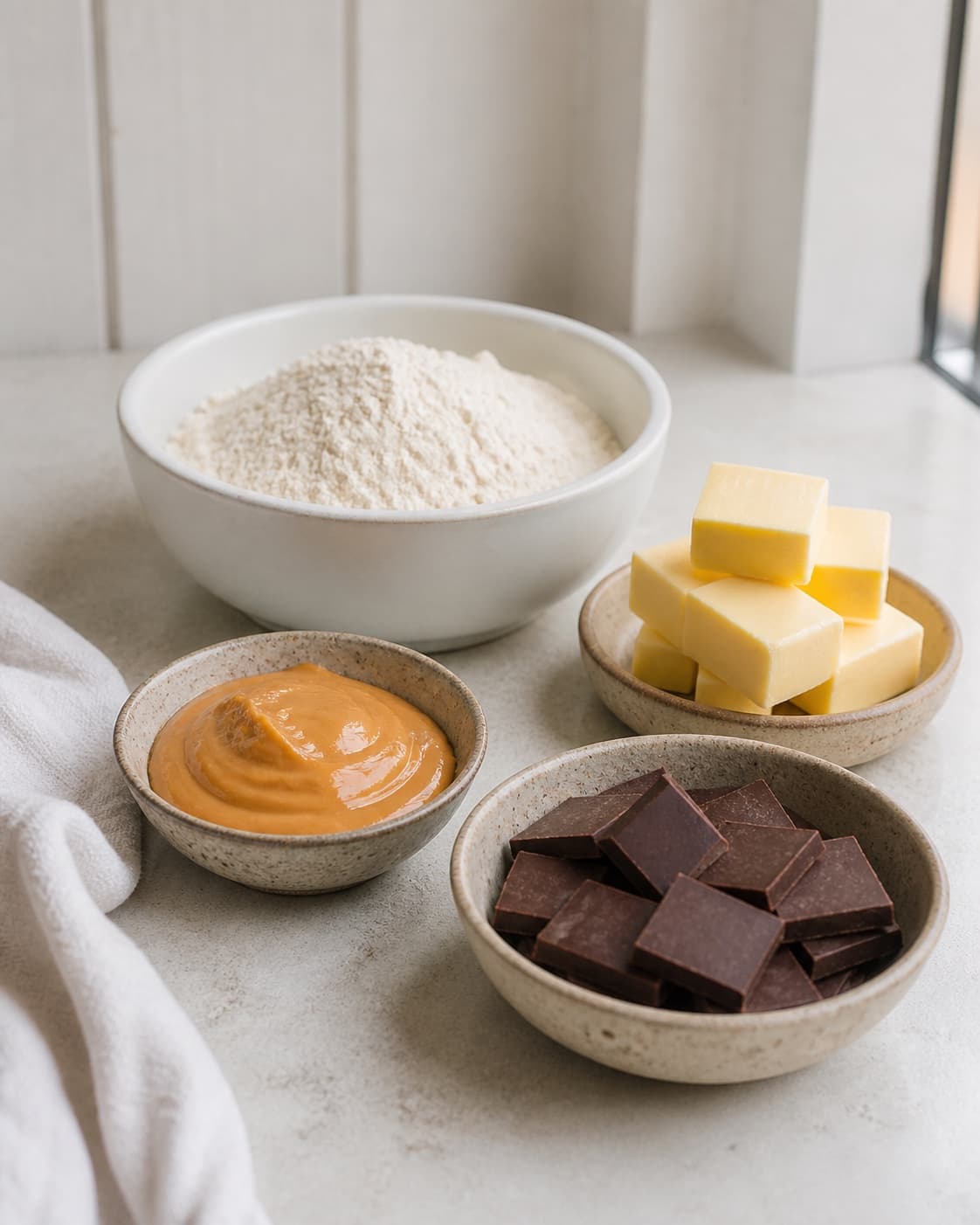 Measured ingredients for karamelsnitter med chokolade arranged separately with kondenseret mælk, mørk chokolade, hvedemel, smør under tilberedningen af karamelsnitter med chokolade