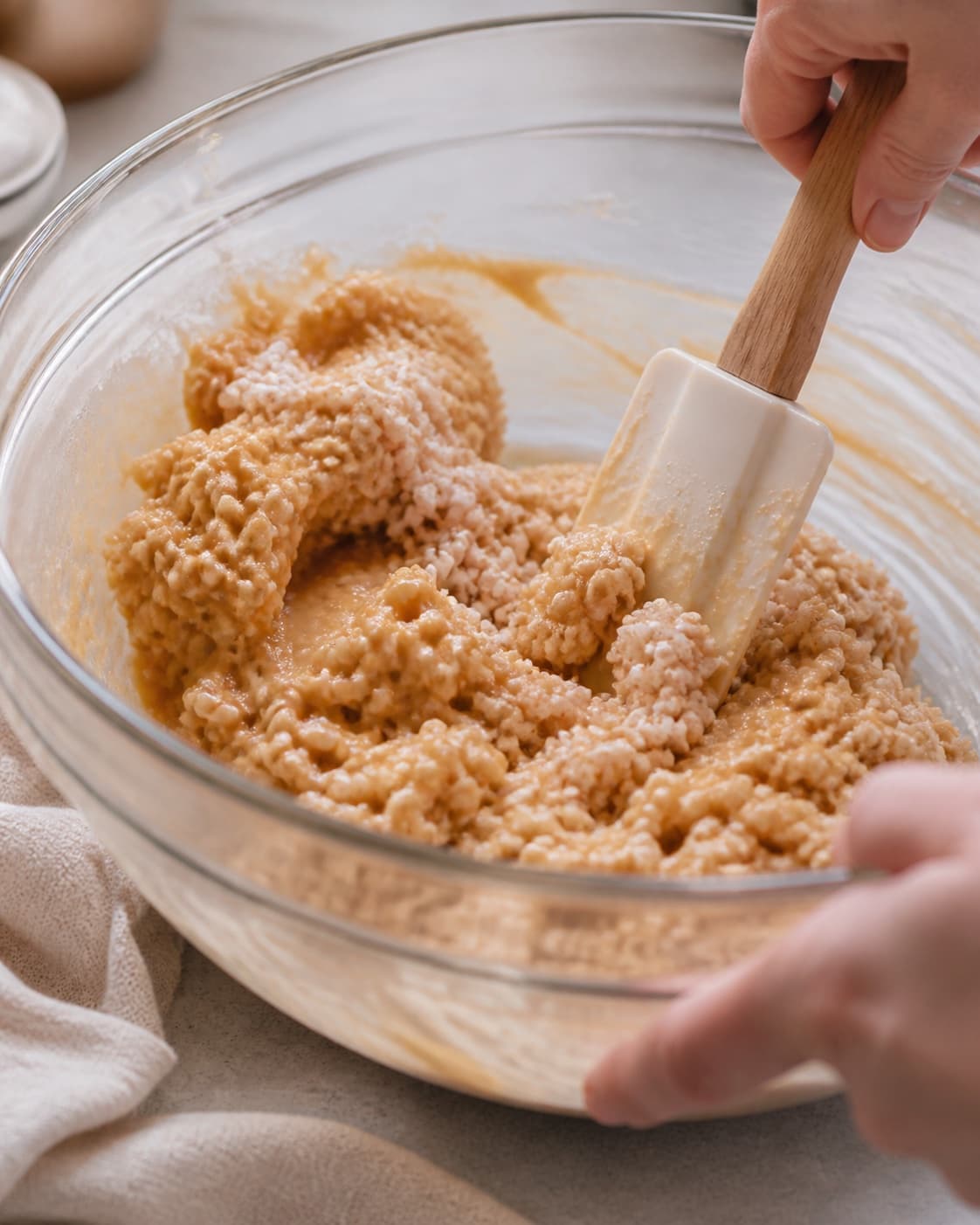 The batter or dough for karamelsnitter med chokolade being gently combined under tilberedningen af karamelsnitter med chokolade