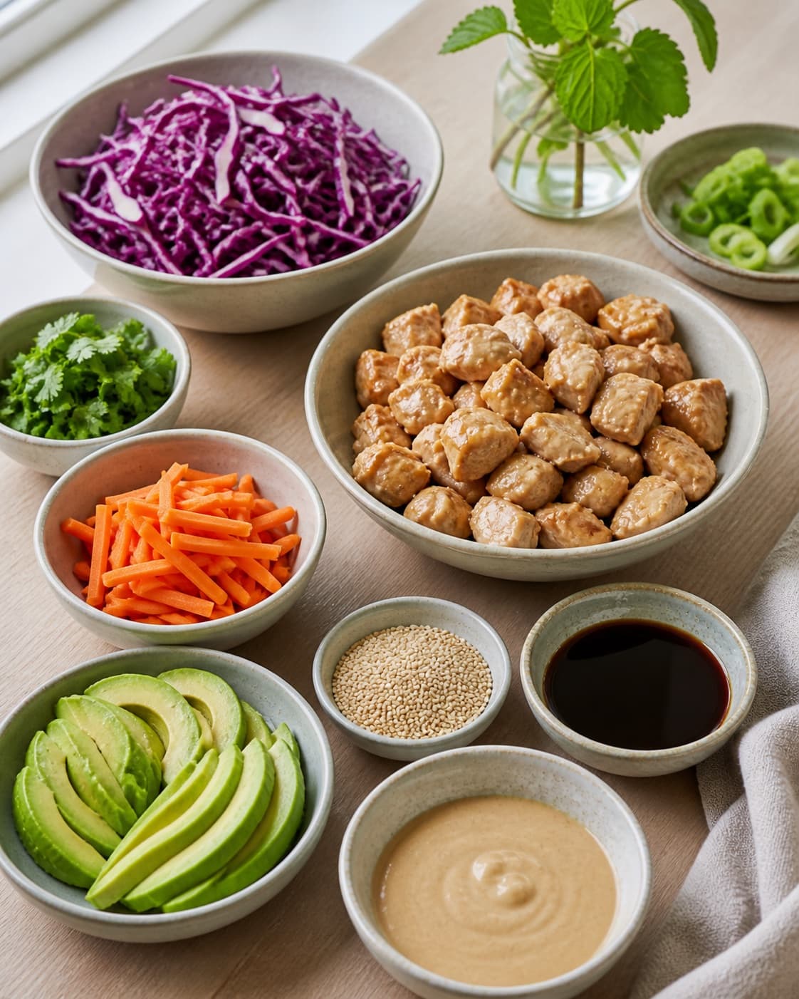 Clean prepared ingredients for asiatisk salat med soyamarinerede kylling og gomadressing with tahin, ristede sesamfrø, kyllingekød, sojasauce under tilberedningen af asiatisk salat med soyamarinerede kylling og gomadressing