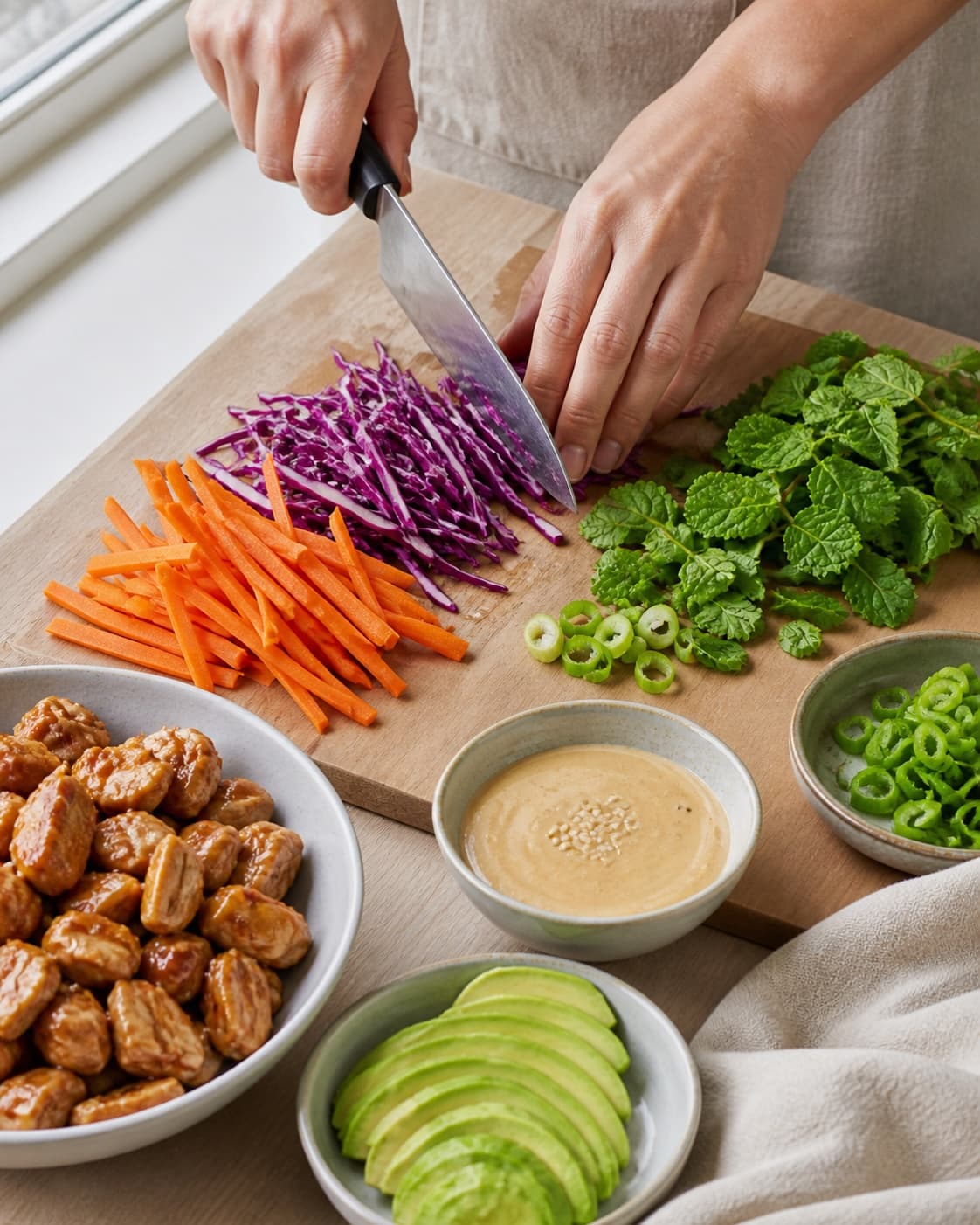 Ingredients for asiatisk salat med soyamarinerede kylling og gomadressing being cut into even pieces under tilberedningen af asiatisk salat med soyamarinerede kylling og gomadressing
