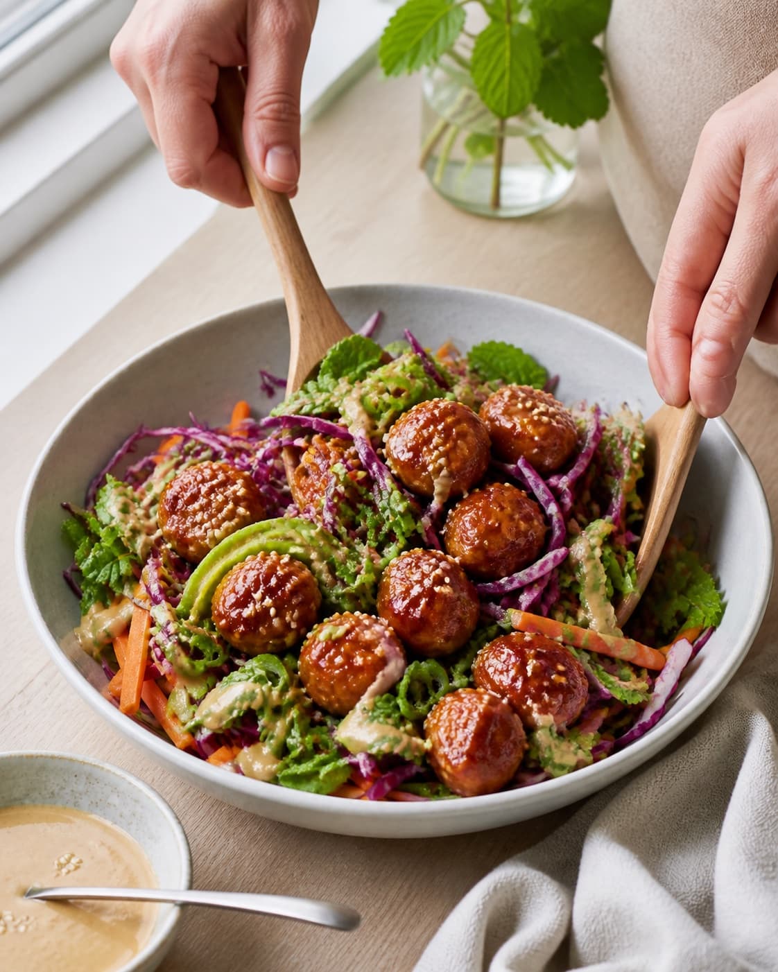 asiatisk salat med soyamarinerede kylling og gomadressing being gently combined without crushing the ingredients under tilberedningen af asiatisk salat med soyamarinerede kylling og gomadressing