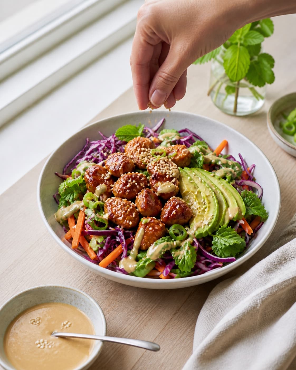 Fresh finished asiatisk salat med soyamarinerede kylling og gomadressing receiving its final garnish under tilberedningen af asiatisk salat med soyamarinerede kylling og gomadressing