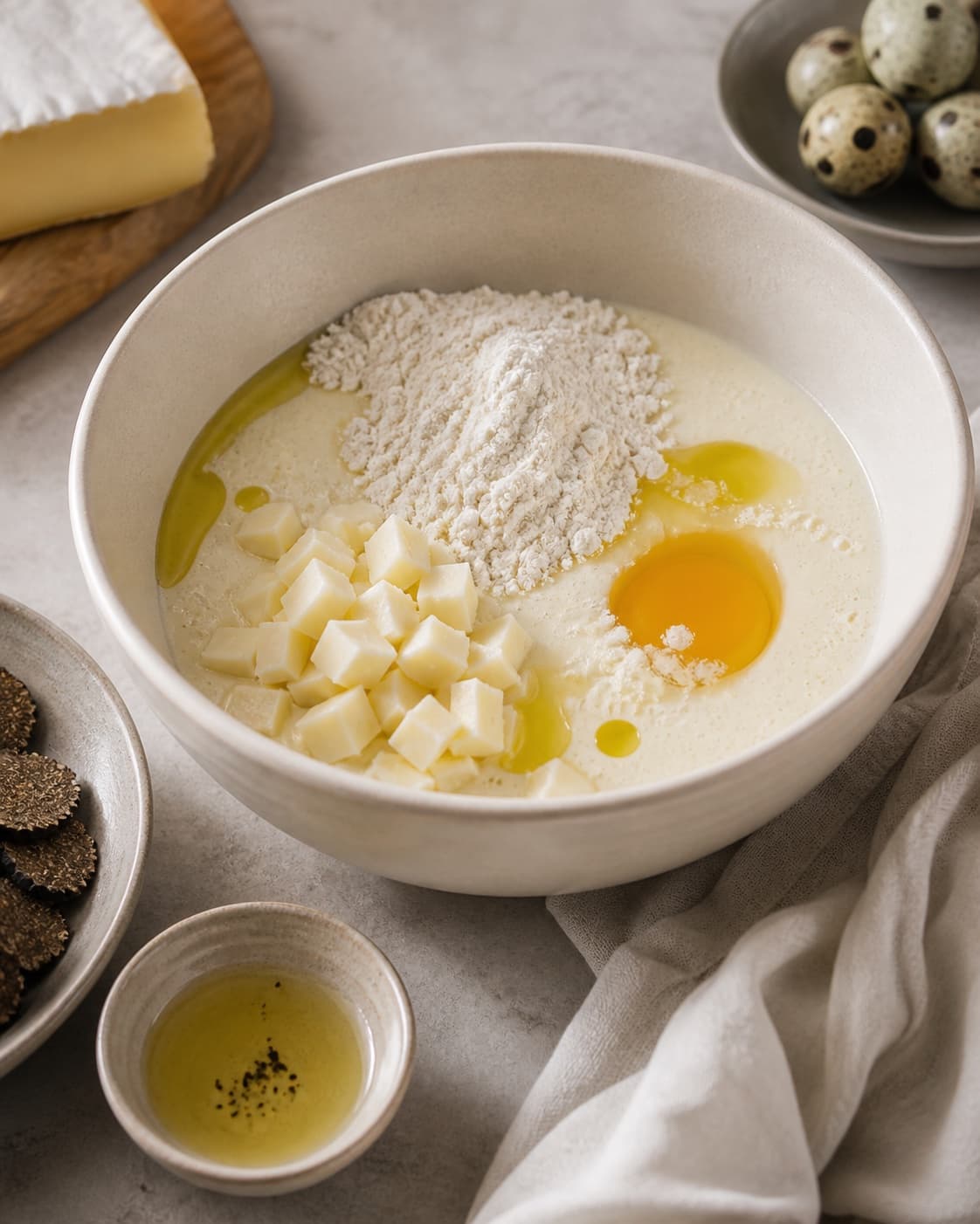 Prepared mixture for salte æbleskiver med brie og trøffel with brie, trøffelolie, æg, hvedemel under tilberedningen af salte æbleskiver med brie og trøffel