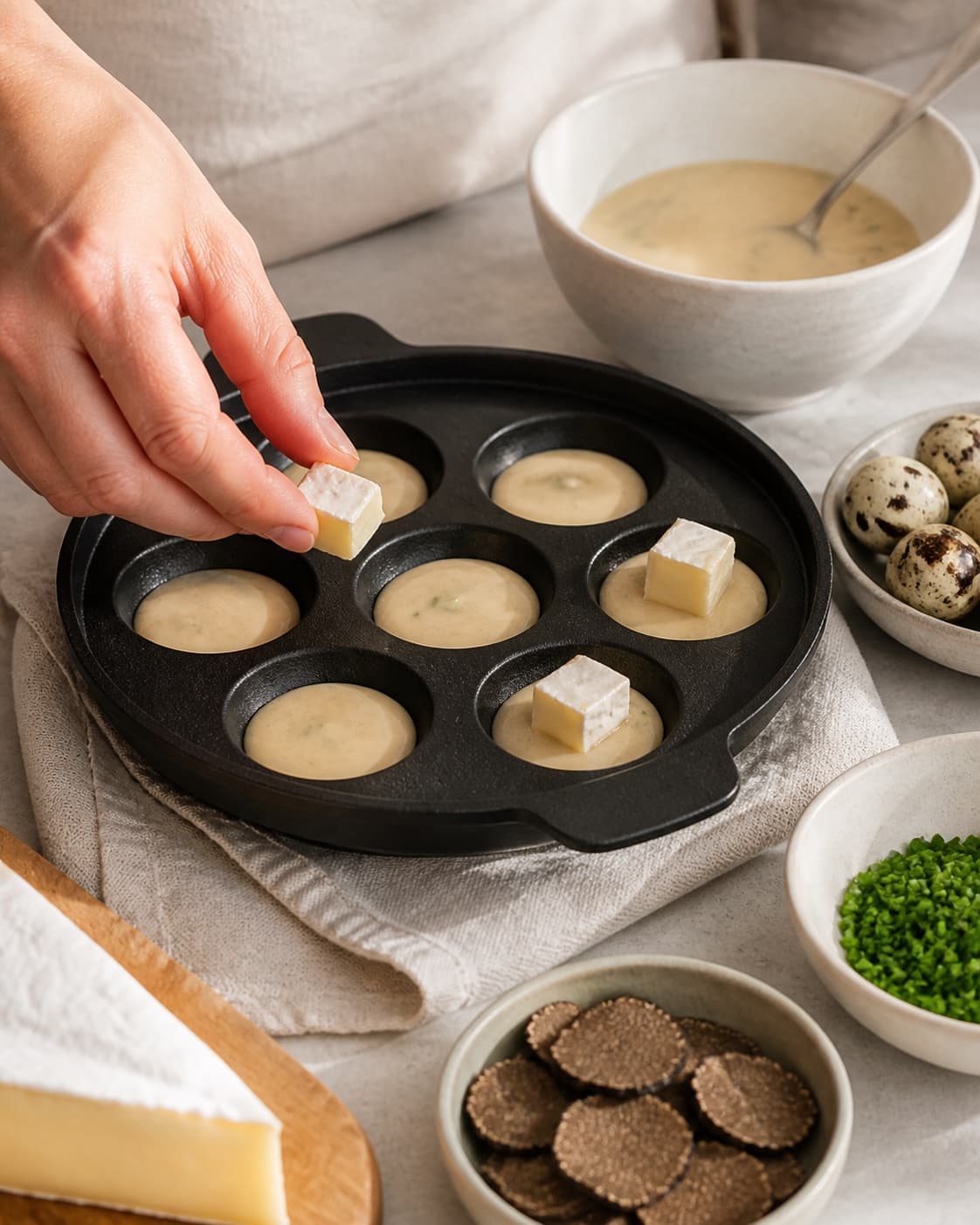 Equal portions of salte æbleskiver med brie og trøffel being formed under tilberedningen af salte æbleskiver med brie og trøffel