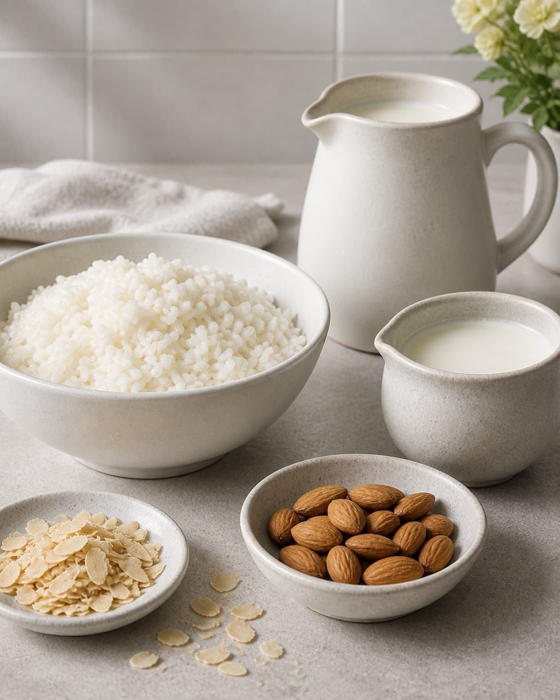 Measured ingredients for risalamande kage arranged separately with grødris, sødmælk, piskefløde, mandler under tilberedningen af risalamande kage