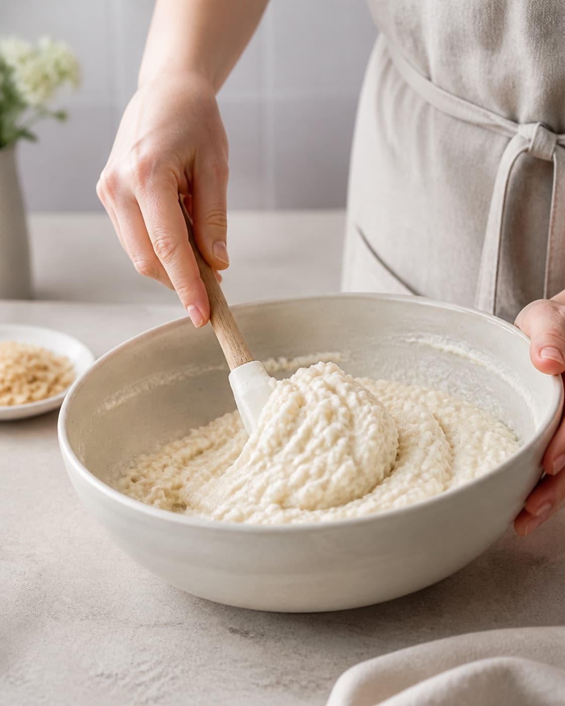 The batter or dough for risalamande kage being gently combined under tilberedningen af risalamande kage