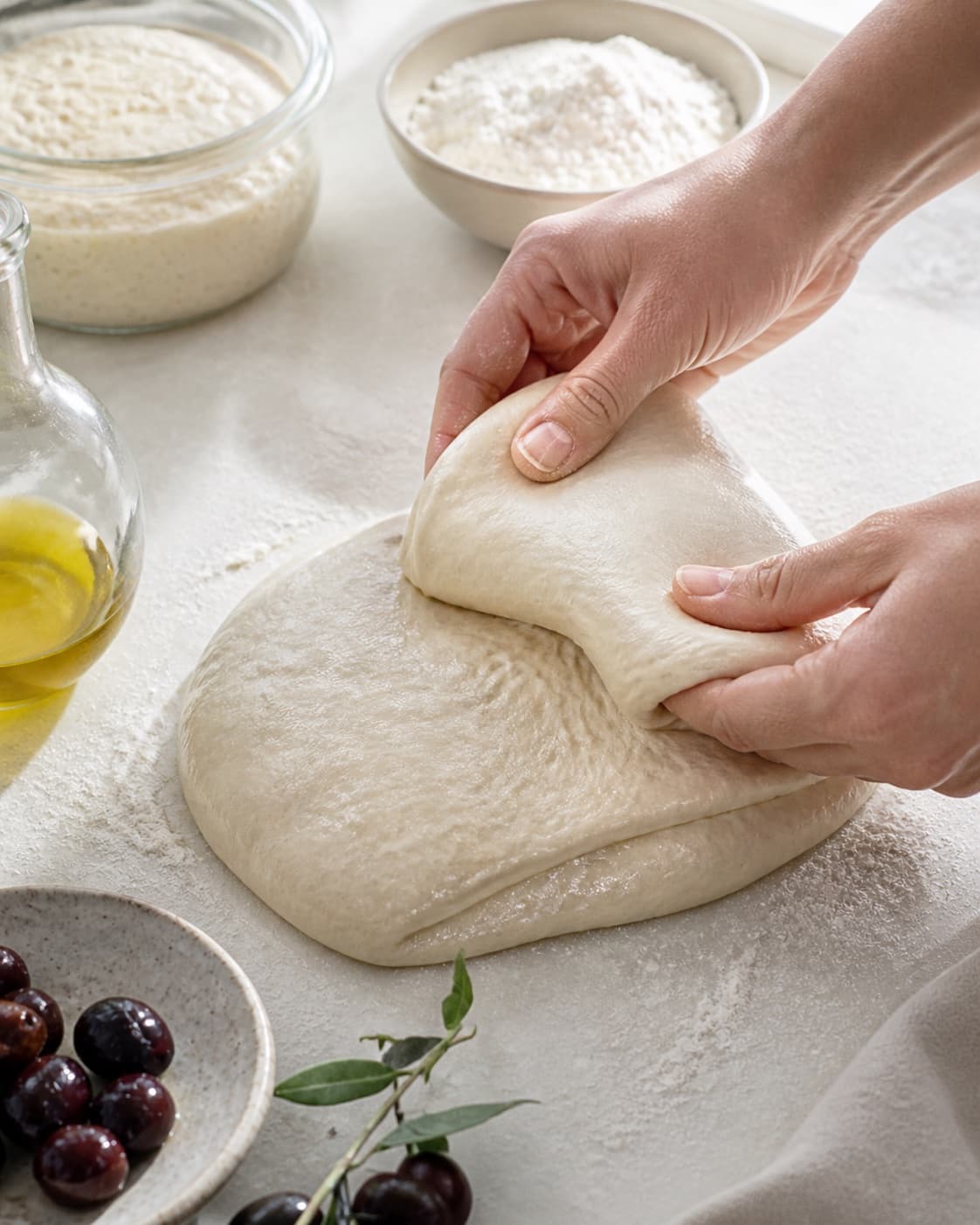 Hands gently folding elastic dough for foccacia med surdej og oliven under tilberedningen af foccacia med surdej og oliven