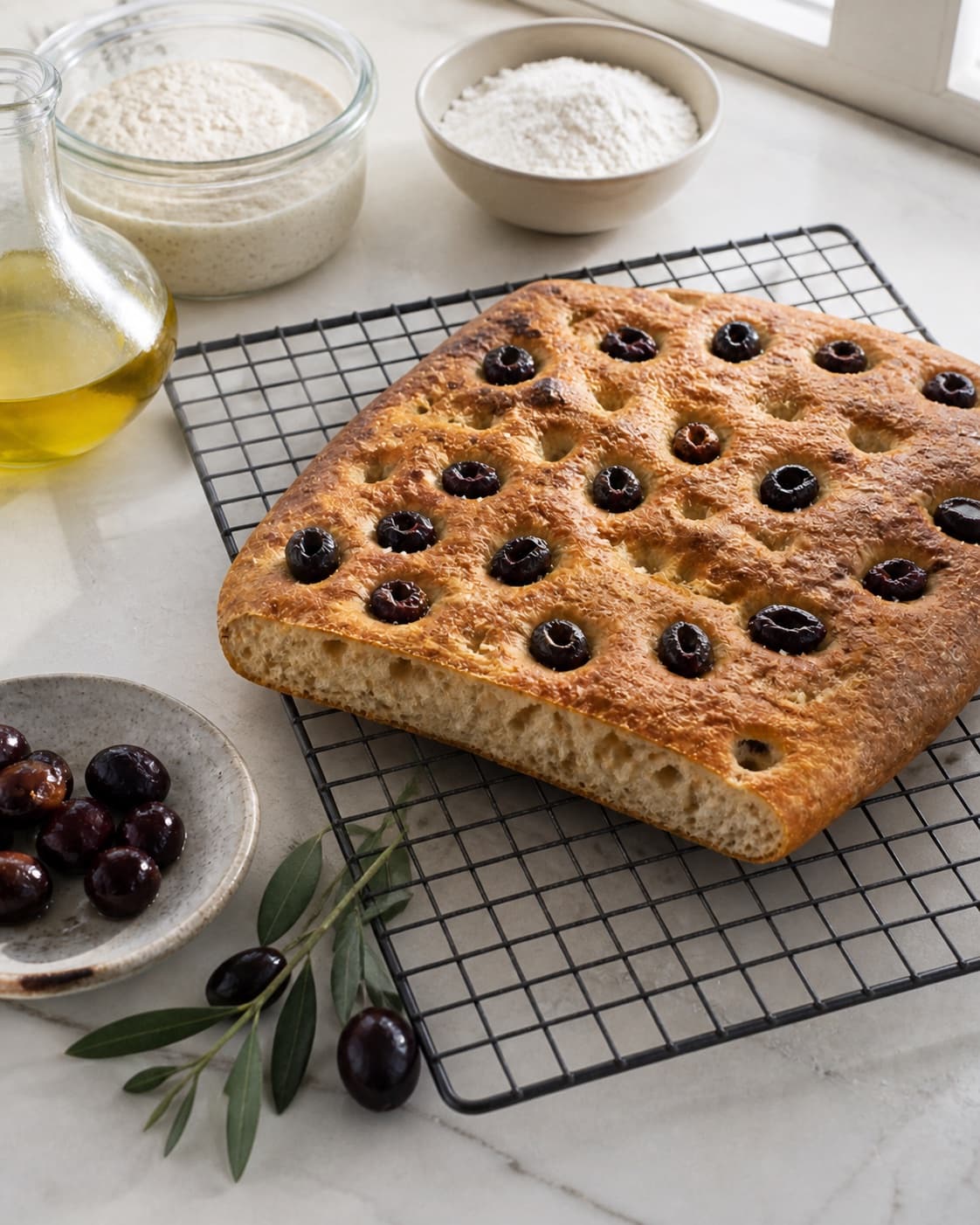 Golden baked foccacia med surdej og oliven cooling on a wire rack under tilberedningen af foccacia med surdej og oliven