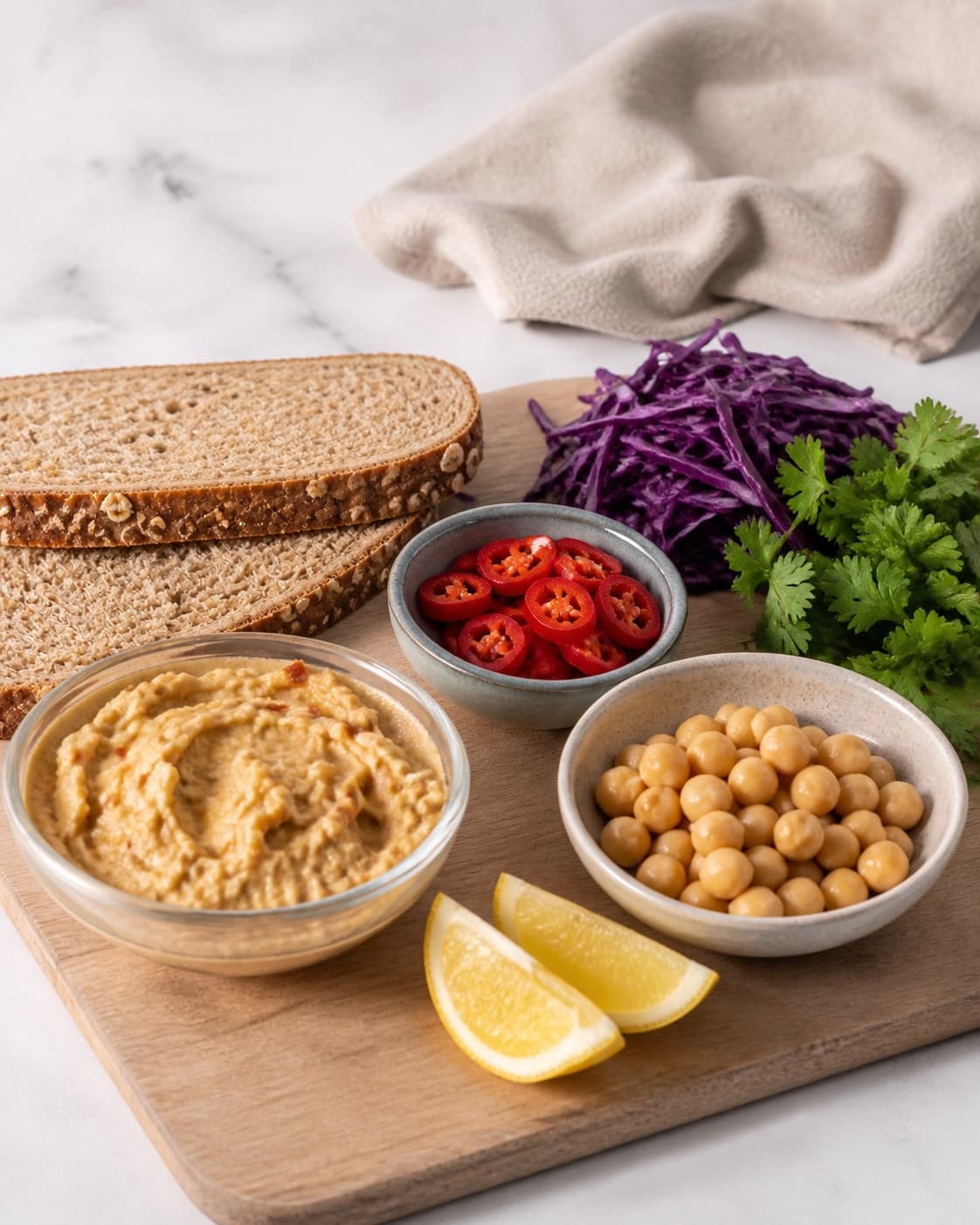 Clean prepared ingredients for vegetarisk sandwich med chilihummus with frisk chili, fuldkornssandwichbrød, kogte kikærter, økologisk citron under tilberedningen af vegetarisk sandwich med chilihummus