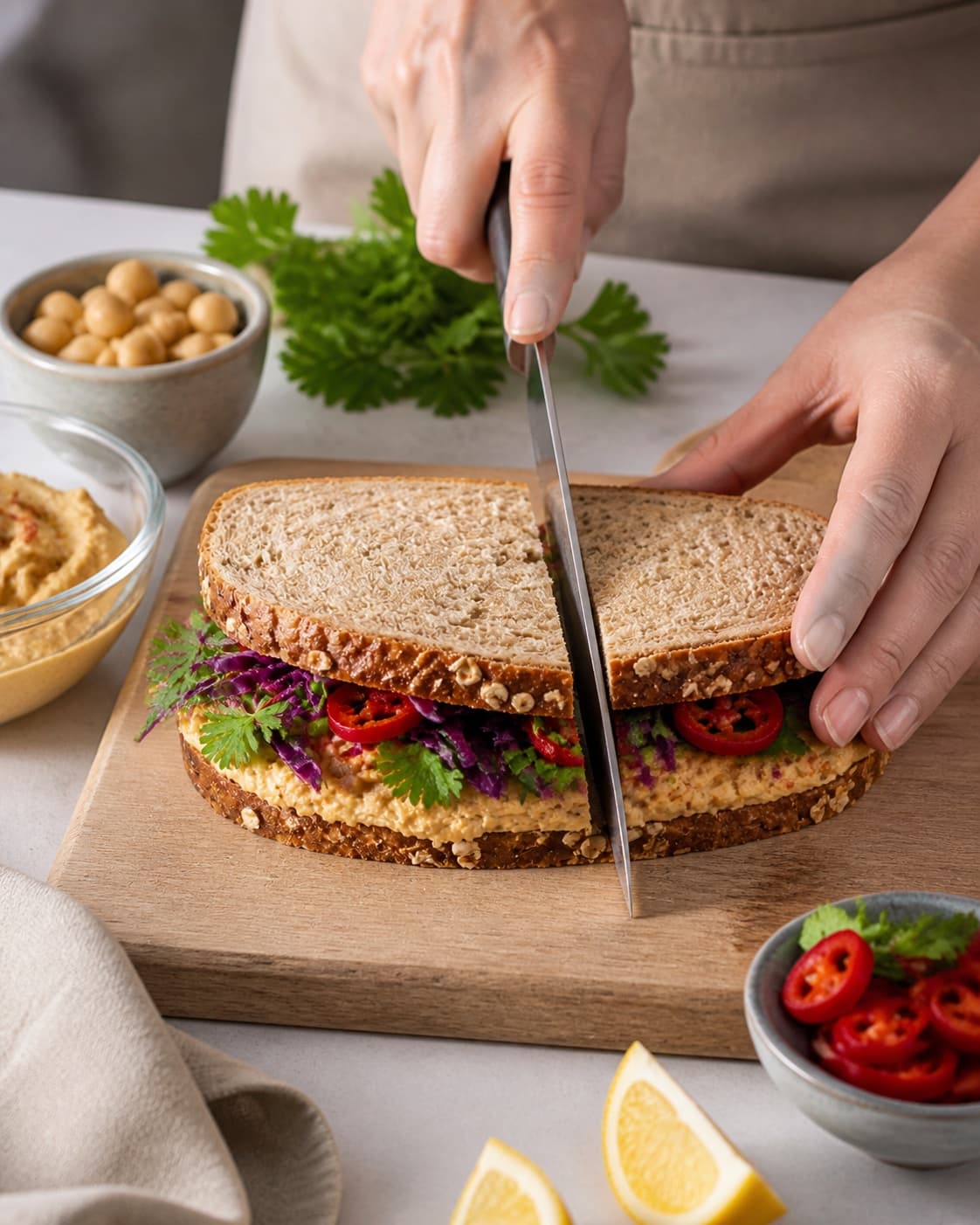 Ingredients for vegetarisk sandwich med chilihummus being cut into even pieces under tilberedningen af vegetarisk sandwich med chilihummus