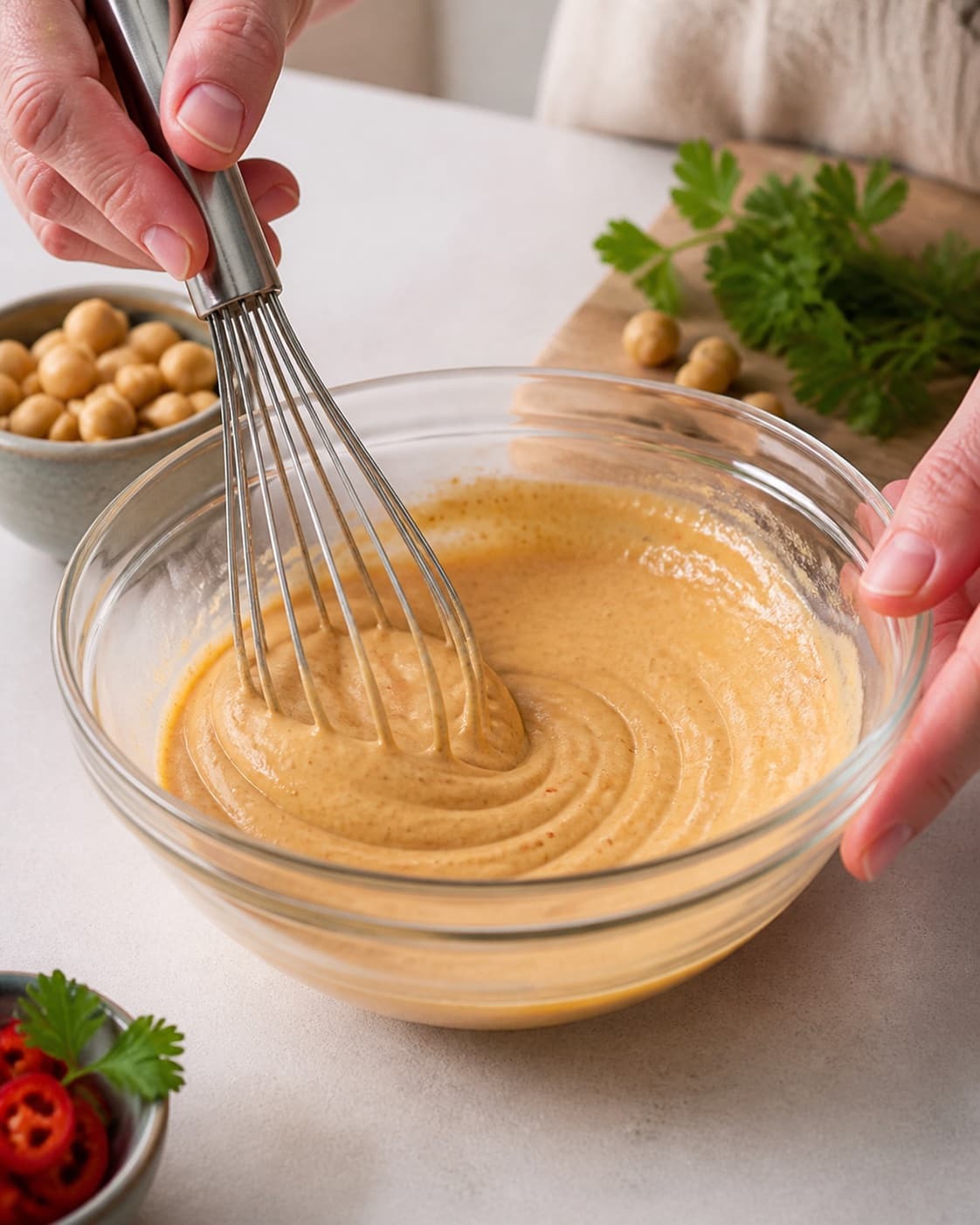 Dressing for vegetarisk sandwich med chilihummus being whisked until glossy under tilberedningen af vegetarisk sandwich med chilihummus