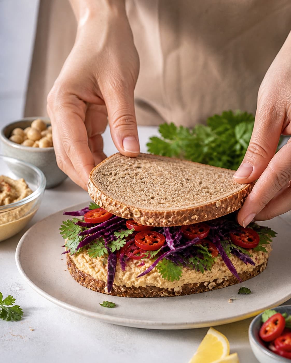 vegetarisk sandwich med chilihummus being gently combined without crushing the ingredients under tilberedningen af vegetarisk sandwich med chilihummus