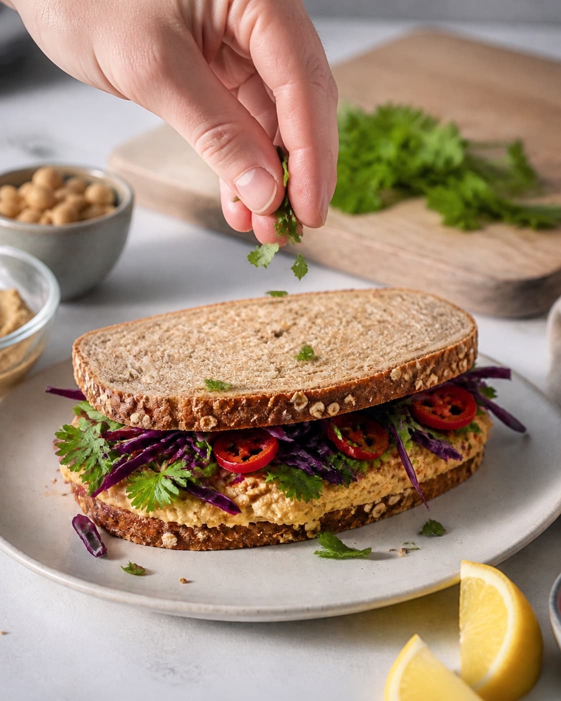 Fresh finished vegetarisk sandwich med chilihummus receiving its final garnish under tilberedningen af vegetarisk sandwich med chilihummus