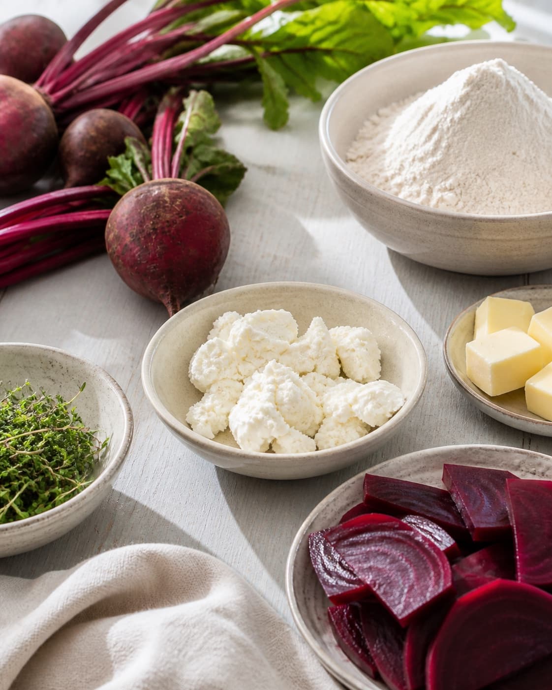 Measured ingredients for rødbedetærte med timian og gedeost arranged separately with rødbeder, gedeost, hvedemel, smør under tilberedningen af rødbedetærte med timian og gedeost
