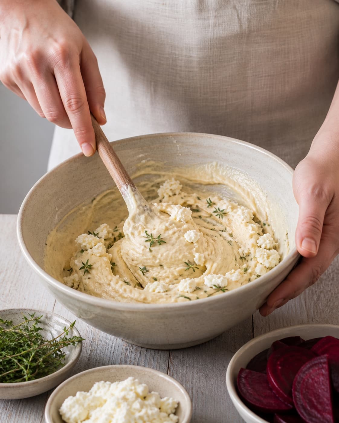 The batter or dough for rødbedetærte med timian og gedeost being gently combined under tilberedningen af rødbedetærte med timian og gedeost