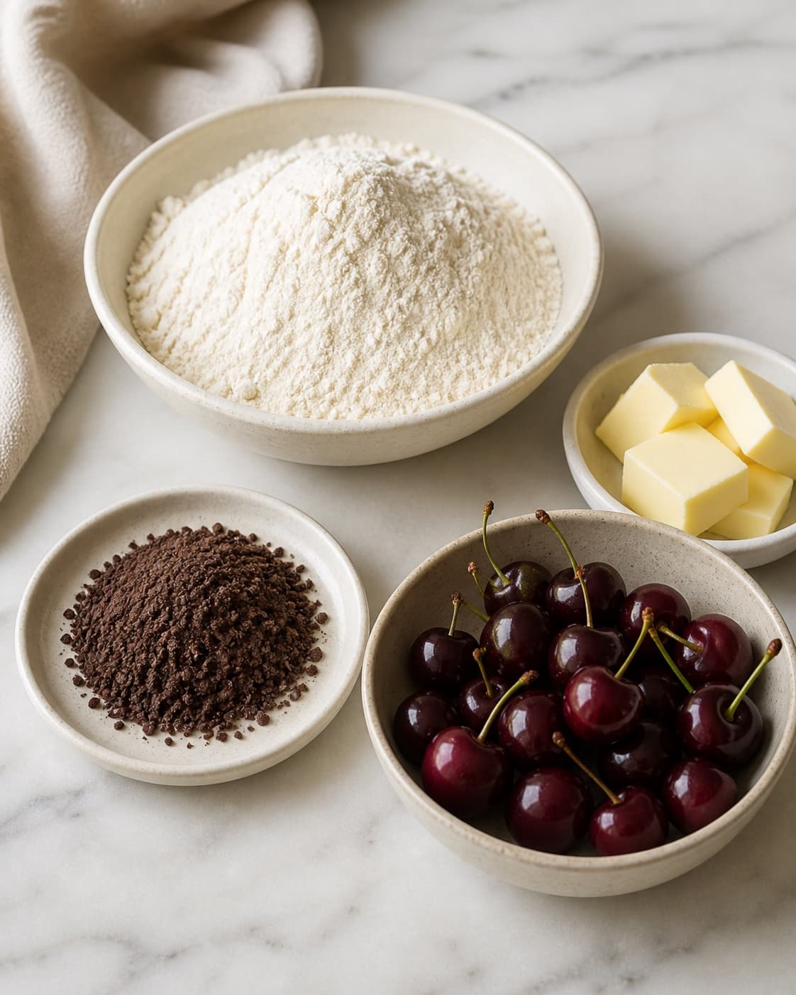 Measured ingredients for lakrids småkager med syrlig kirsebærglasur arranged separately with lakridspulver, kirsebær, hvedemel, smør under tilberedningen af lakrids småkager med syrlig kirsebærglasur