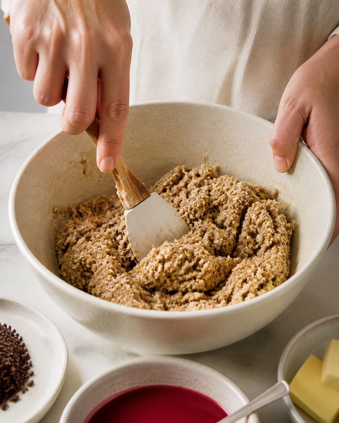 The batter or dough for lakrids småkager med syrlig kirsebærglasur being gently combined under tilberedningen af lakrids småkager med syrlig kirsebærglasur