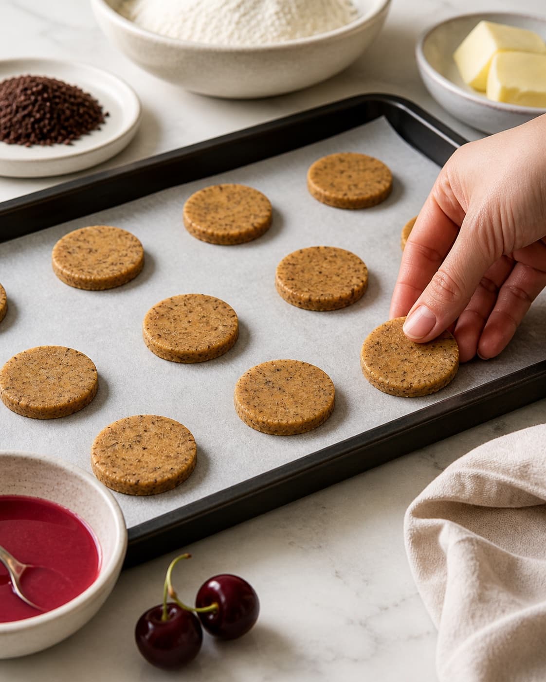 lakrids småkager med syrlig kirsebærglasur being portioned evenly before baking under tilberedningen af lakrids småkager med syrlig kirsebærglasur