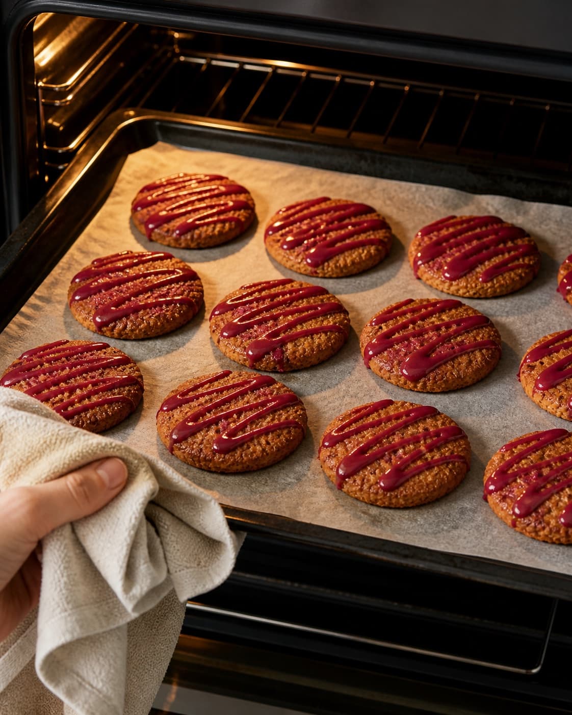 lakrids småkager med syrlig kirsebærglasur baking until golden with a visibly set centre under tilberedningen af lakrids småkager med syrlig kirsebærglasur