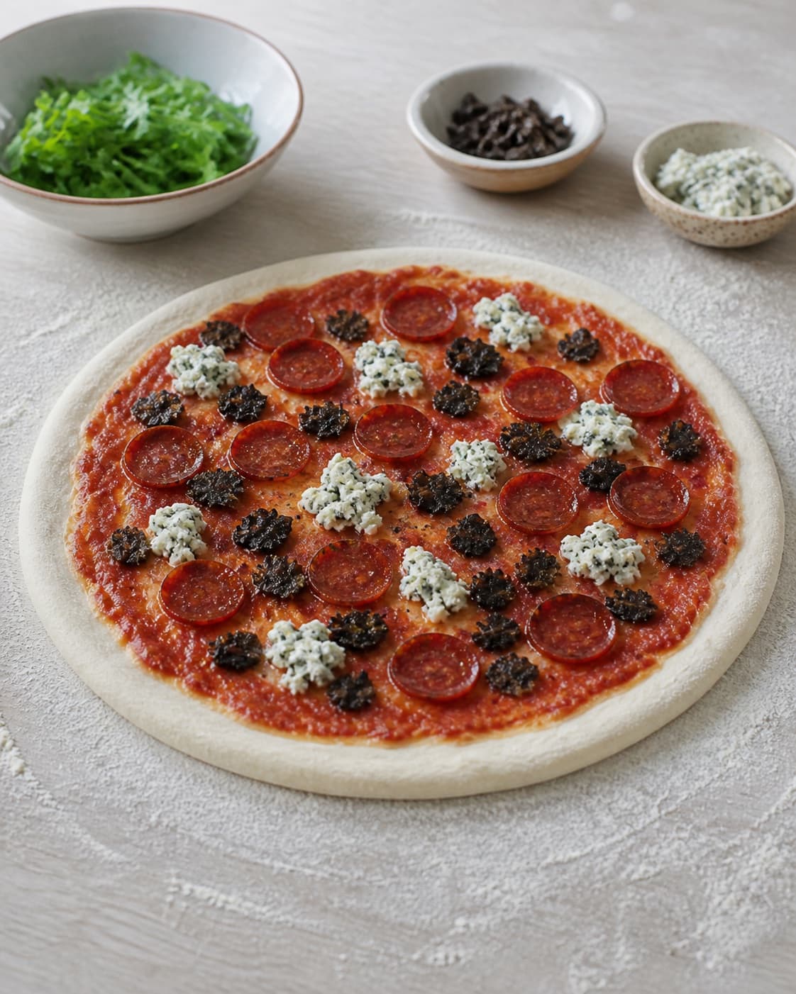 Even pieces of pizza med gorgonzola, chorizo og trøffel being shaped before baking under tilberedningen af pizza med gorgonzola, chorizo og trøffel