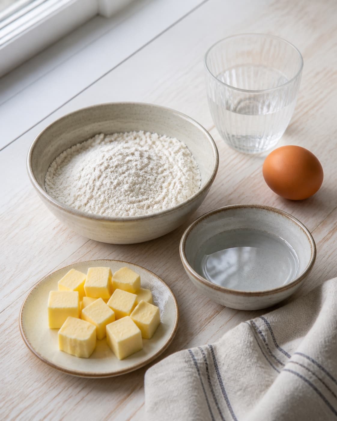 Measured ingredients for hjemmelavet tærtedej arranged separately with hvedemel, koldt smør, iskoldt vand, æg under tilberedningen af hjemmelavet tærtedej
