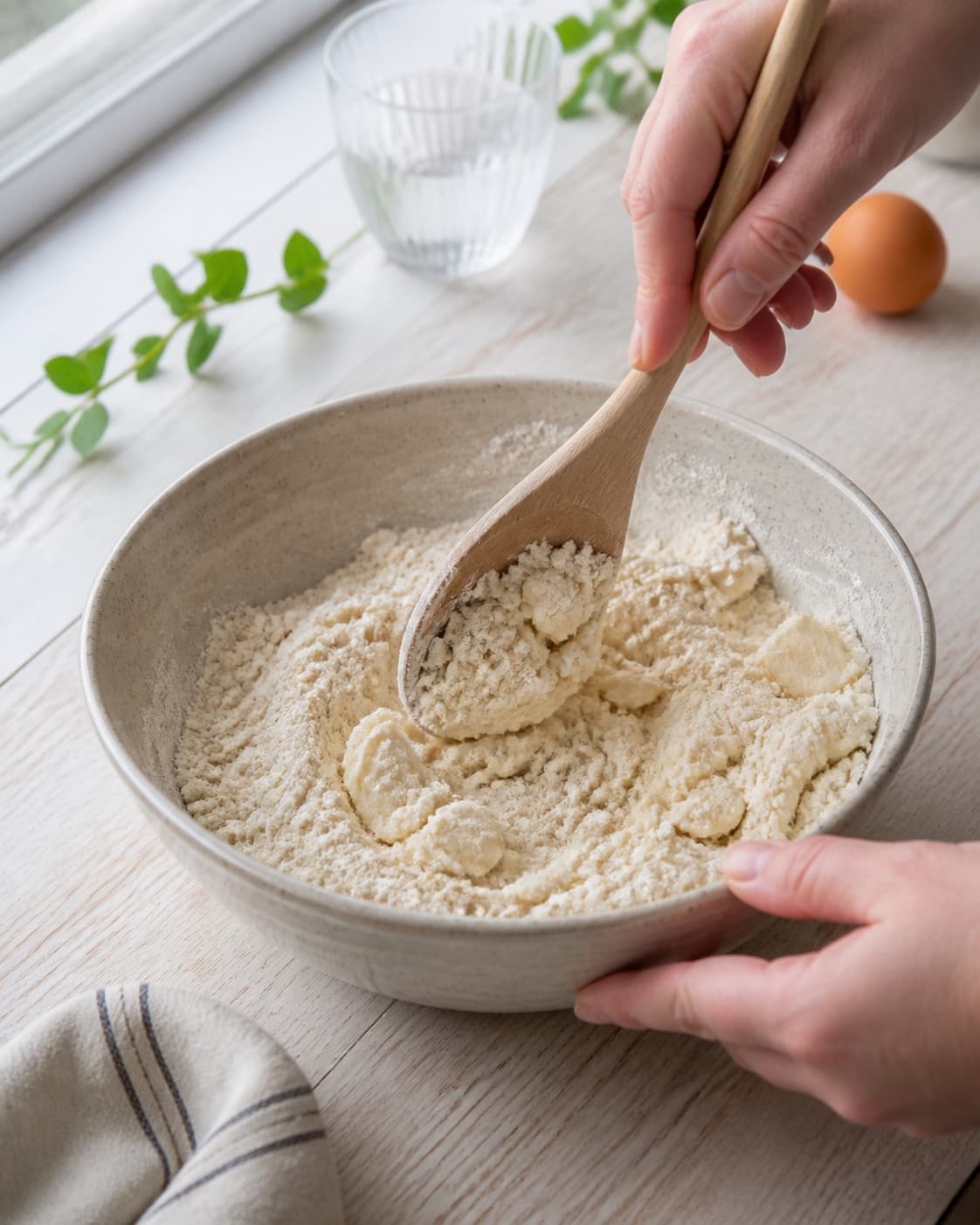 The batter or dough for hjemmelavet tærtedej being gently combined under tilberedningen af hjemmelavet tærtedej