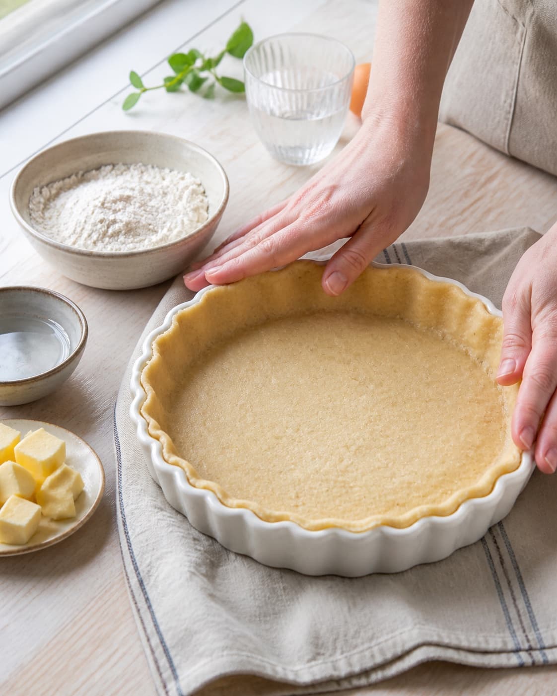 hjemmelavet tærtedej being portioned evenly before baking under tilberedningen af hjemmelavet tærtedej
