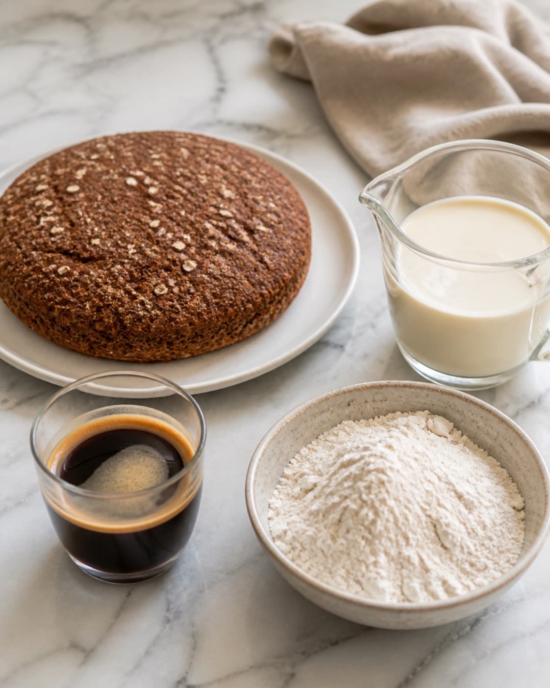Measured ingredients for rugbrødslagkage med kaffeganache arranged separately with mørkt rugbrød, piskefløde, stærk kaffe, hvedemel under tilberedningen af rugbrødslagkage med kaffeganache