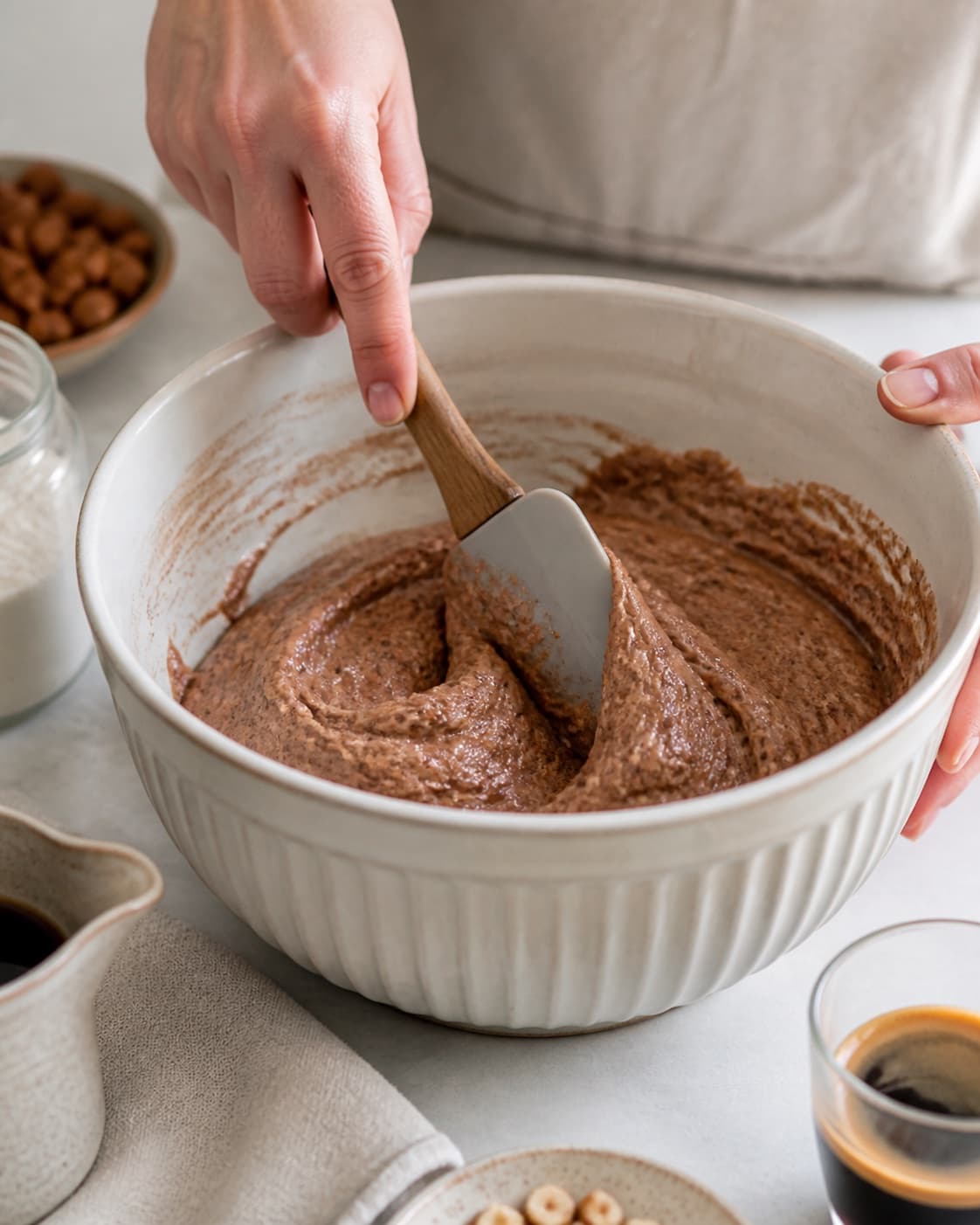 The batter or dough for rugbrødslagkage med kaffeganache being gently combined under tilberedningen af rugbrødslagkage med kaffeganache