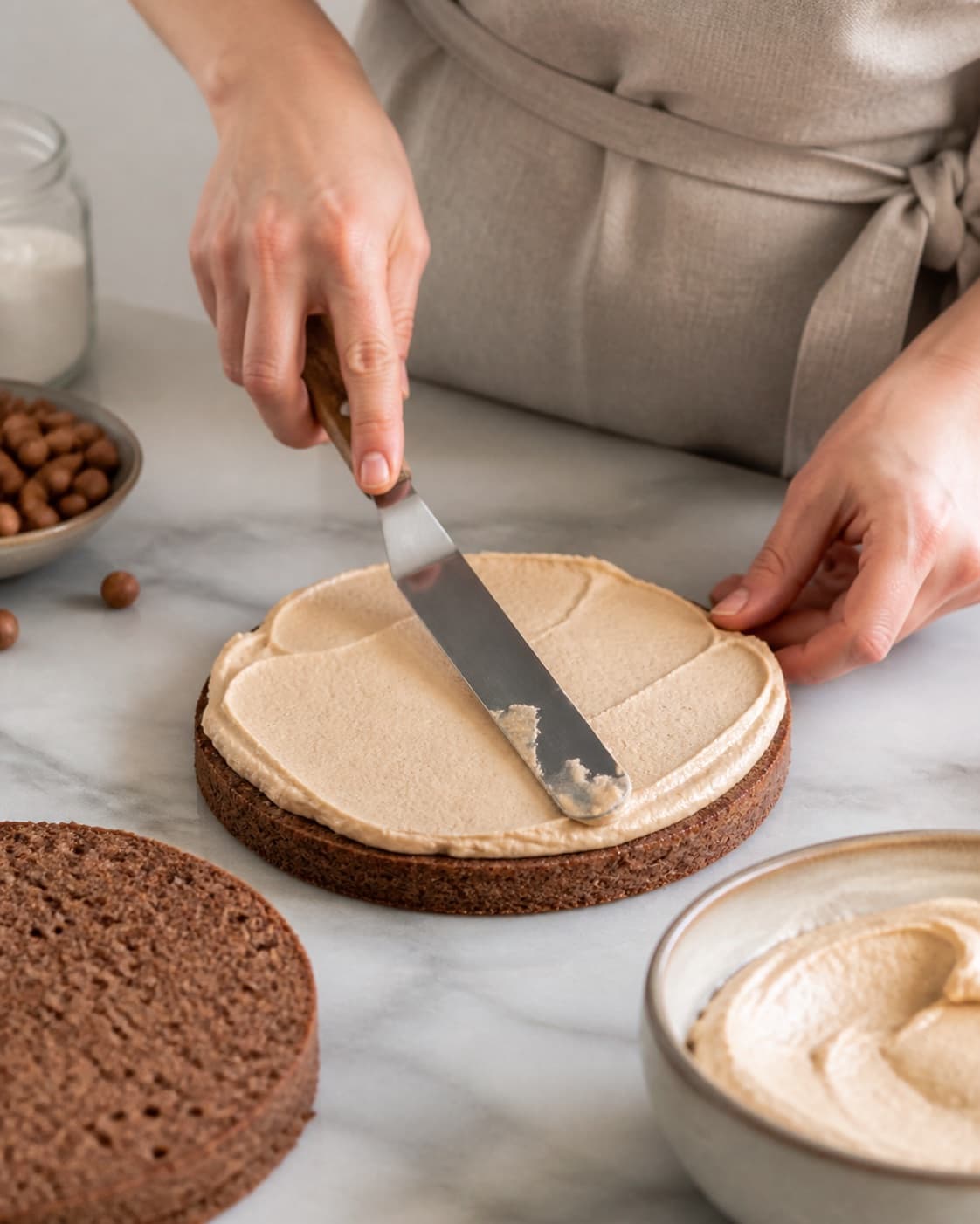 rugbrødslagkage med kaffeganache being portioned evenly before baking under tilberedningen af rugbrødslagkage med kaffeganache