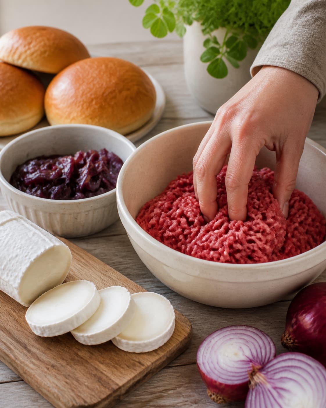 Prepared mixture for burger med gedeost og karamelliserede rødløg with gedeost, hakket oksekød, burgerboller, rødløg under tilberedningen af burger med gedeost og karamelliserede rødløg