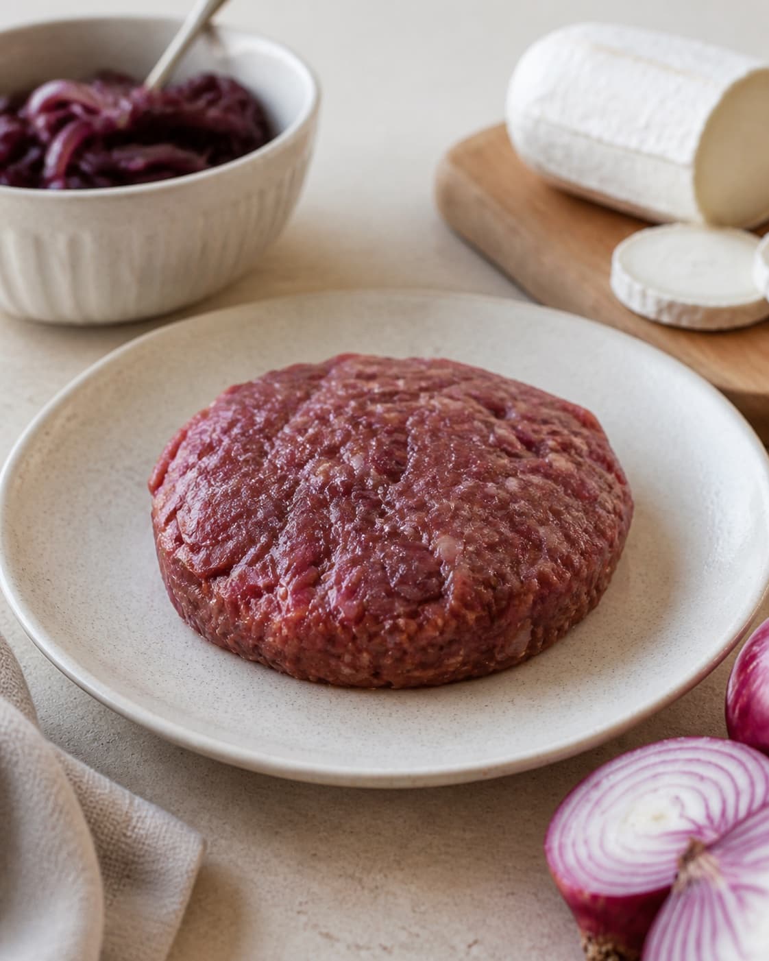 Rested cohesive mixture for burger med gedeost og karamelliserede rødløg ready for the pan under tilberedningen af burger med gedeost og karamelliserede rødløg