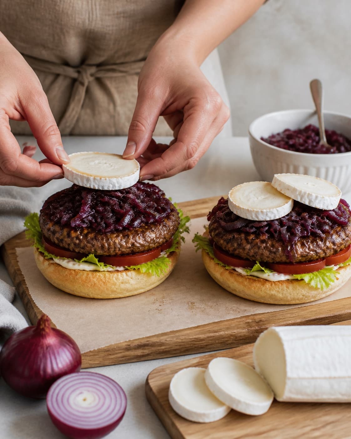 Equal portions of burger med gedeost og karamelliserede rødløg being formed under tilberedningen af burger med gedeost og karamelliserede rødløg