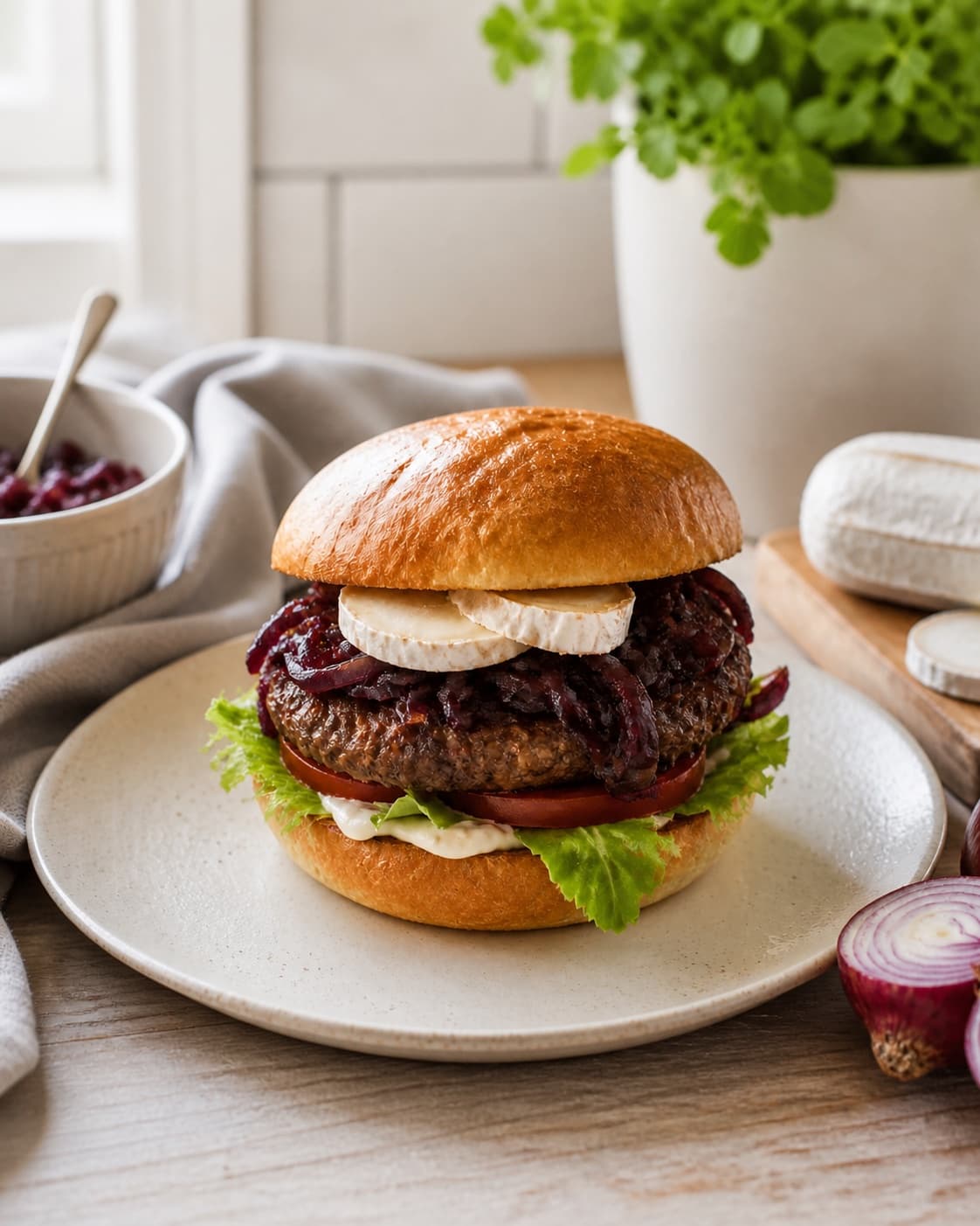 Golden burger med gedeost og karamelliserede rødløg resting briefly before serving under tilberedningen af burger med gedeost og karamelliserede rødløg