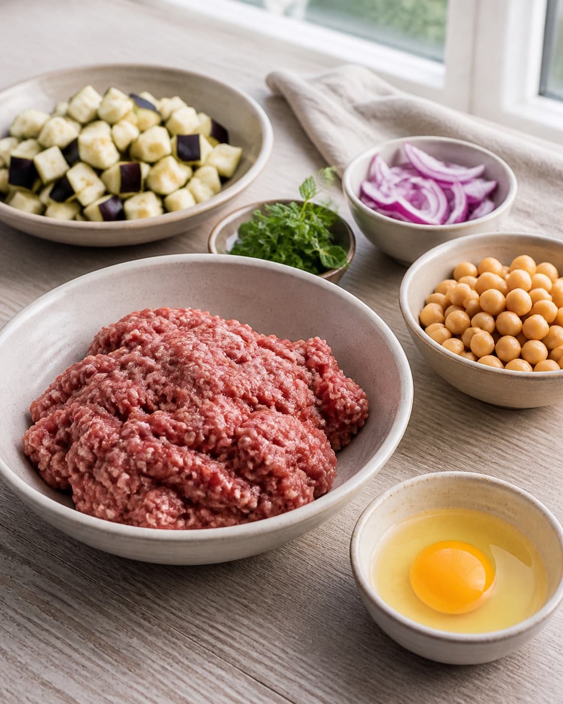 Prepared mixture for lamme meatballs med auberginehummus with hakket lammekød, auberginer, kogte kikærter, æg under tilberedningen af lamme meatballs med auberginehummus