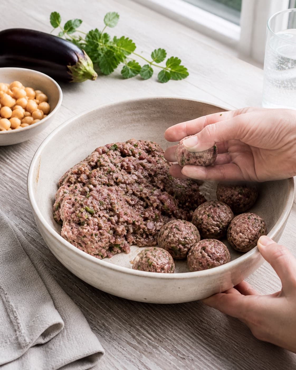 Rested cohesive mixture for lamme meatballs med auberginehummus ready for the pan under tilberedningen af lamme meatballs med auberginehummus