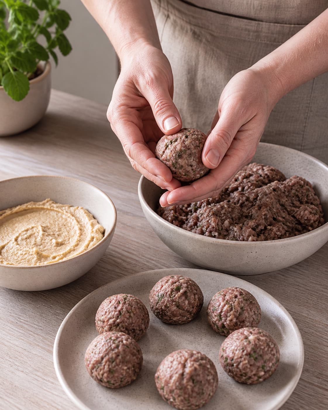 Equal portions of lamme meatballs med auberginehummus being formed under tilberedningen af lamme meatballs med auberginehummus