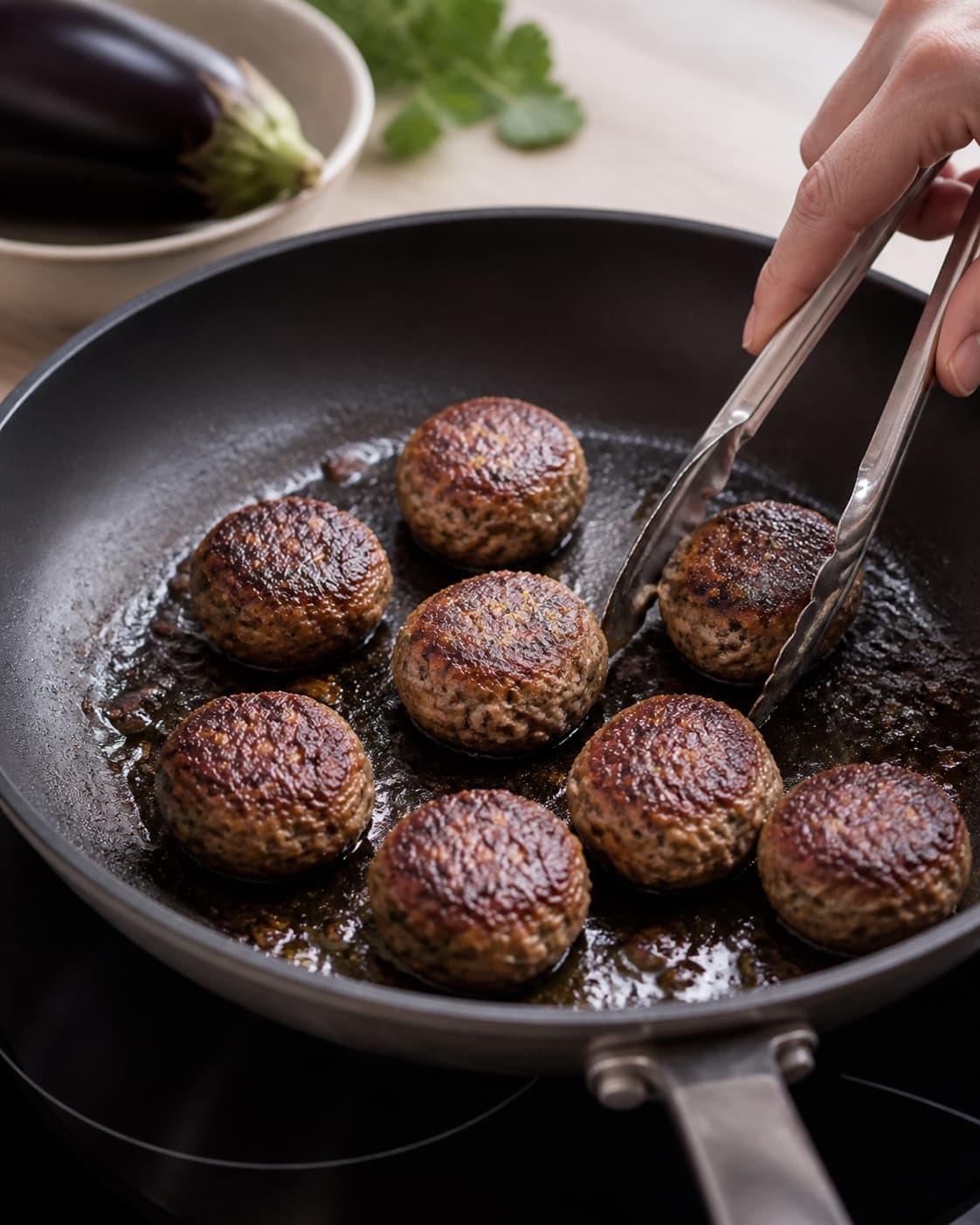 lamme meatballs med auberginehummus frying to an even golden crust in a pan under tilberedningen af lamme meatballs med auberginehummus