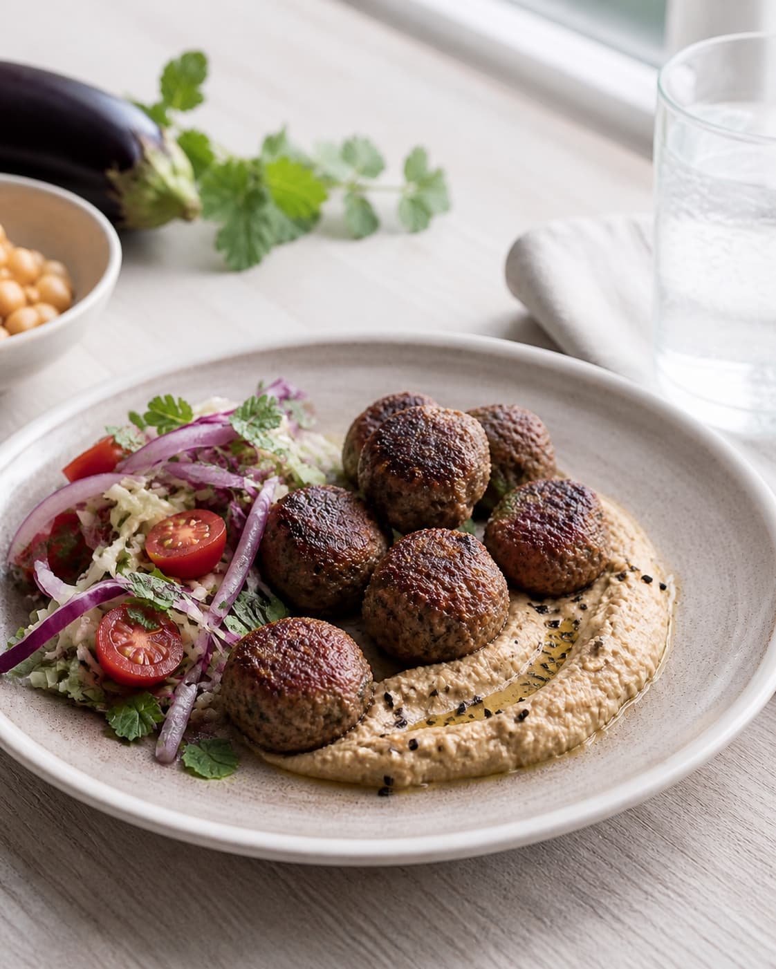 Golden lamme meatballs med auberginehummus resting briefly before serving under tilberedningen af lamme meatballs med auberginehummus