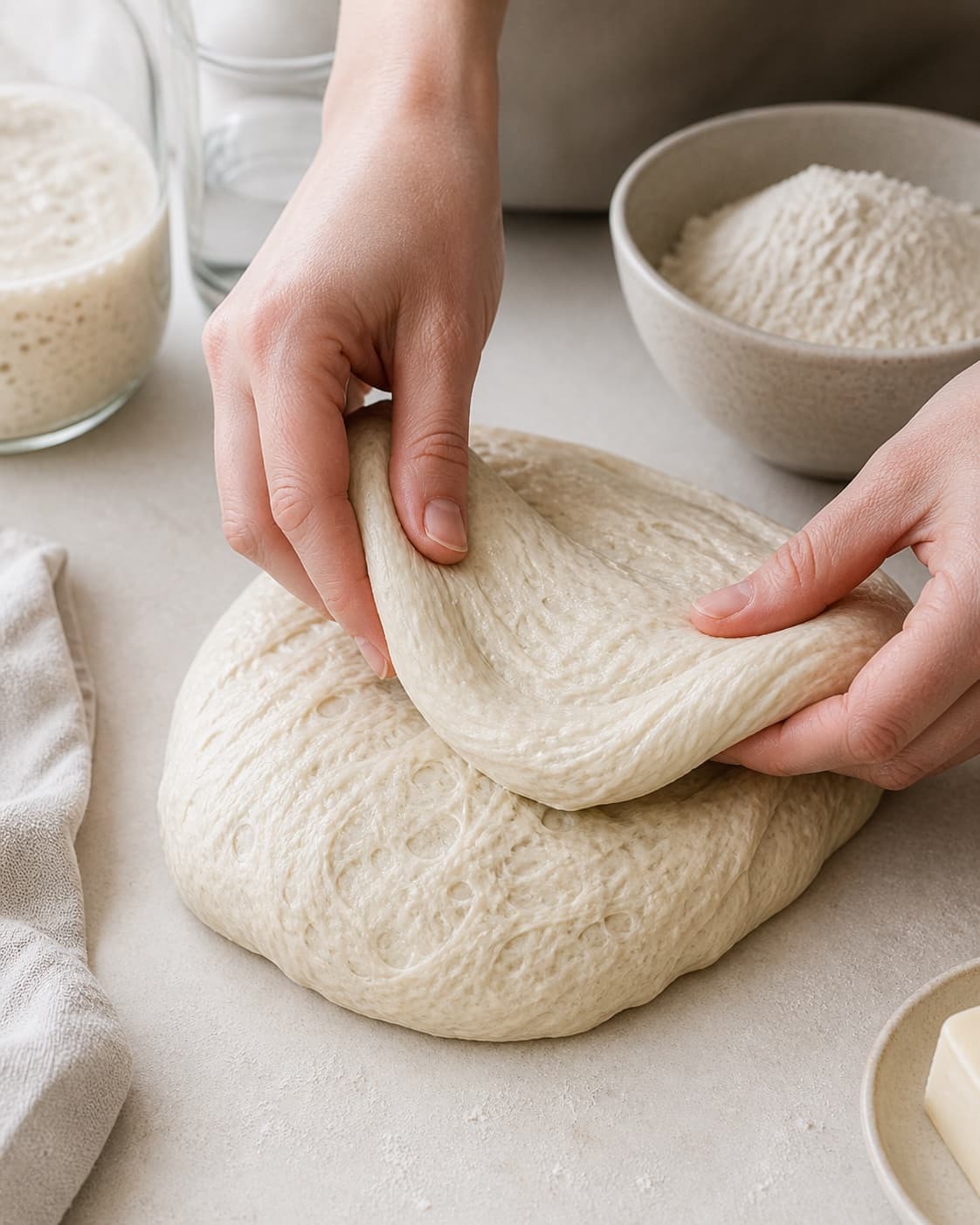 Hands gently folding elastic dough for ciabattaboller med surdej under tilberedningen af ciabattaboller med surdej