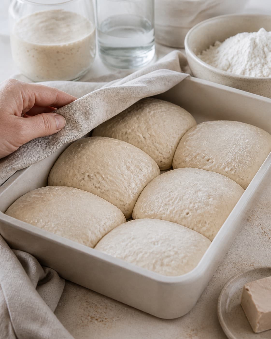 Proofed airy dough for ciabattaboller med surdej with visible fermentation bubbles under tilberedningen af ciabattaboller med surdej